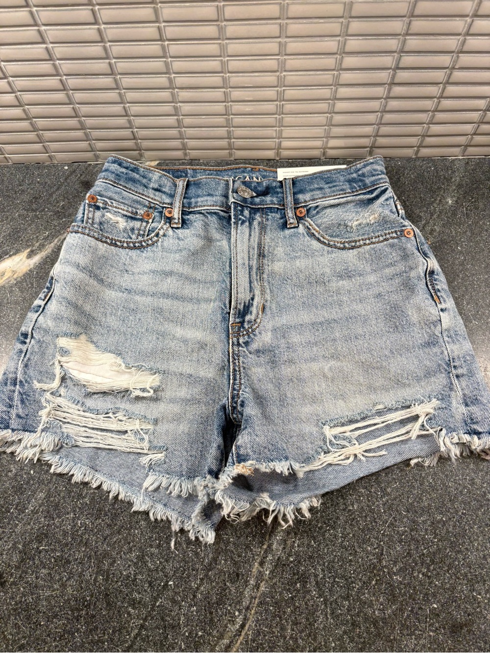 American Eagle Outfitters Light Blue Distressed Denim Shorts, Highest rise